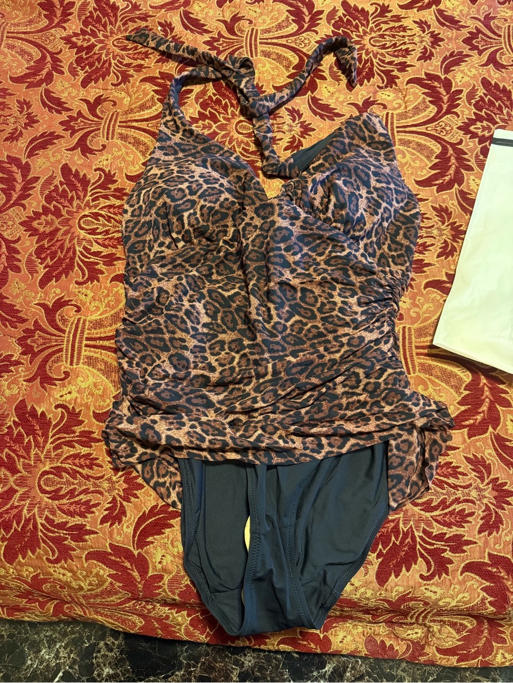 Leopard Print Halter One-Piece Swimsuit in Brown